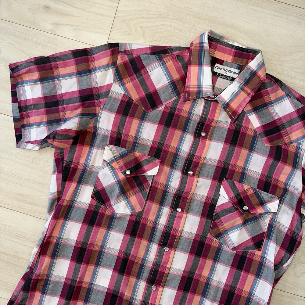 Vintage Western Karman Pearl Snap Shirt Mens M Wrangler Rodeo Red Plaid Cowboy